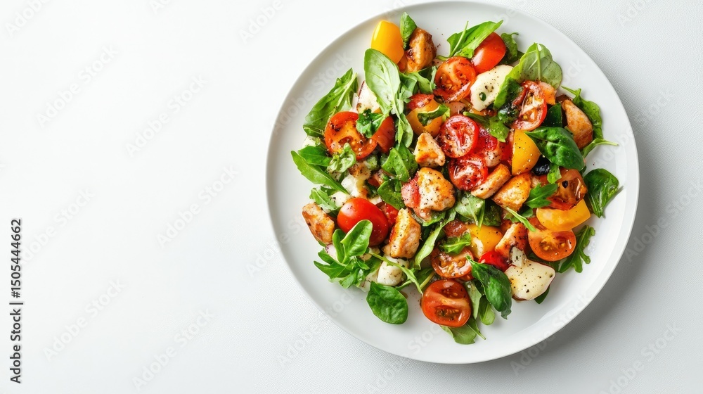 A white ceramic plate with a colorful meal styled elegantly on a clean white background, ideal for food blogs A white ceramic plate with a colorful meal styled elegantly on a clean white background, ideal for food blogs