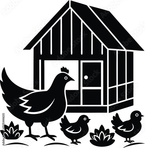 hen in coop with chicks