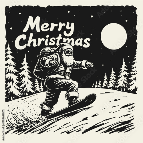 Vintage black and white illustration of Santa Claus snowboarding with a backpack through a night forest. Bold lines, linocut style, high contrast, with Merry Christmas lettering.