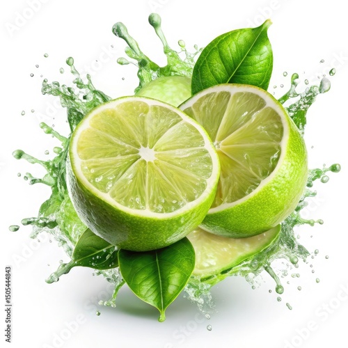 fresh green slice lemon juice splash on white background