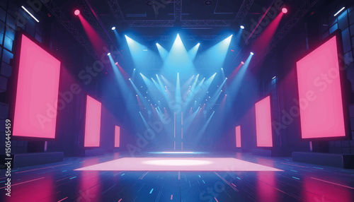 Futuristic theater stage with colorful lighting, virtual environment