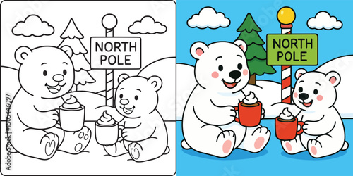 Polar Bears Enjoying Cocoa at North Pole Christmas Coloring Page Illustration