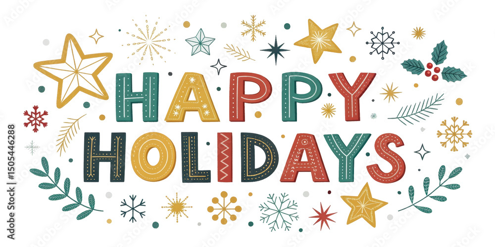 Fototapeta premium Colorful Happy Holidays Text Surrounded by Decorative Elements on Transparent Background