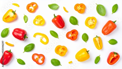 Wallpaper Mural Small colorful whole and sliced bell peppers and basil leaves flying isolated on Torontodigital.ca