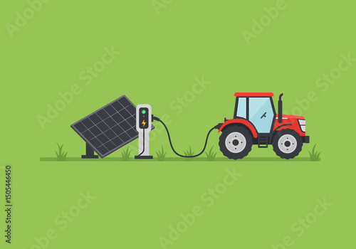 Red Tractor Charging with Solar Panel Sustainable Agriculture