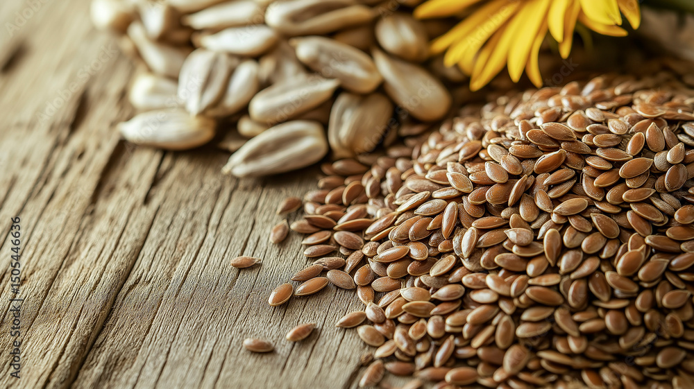 Fototapeta premium Close-up of three piles of flaxseeds and sunflower seeds on a rustic wooden background.