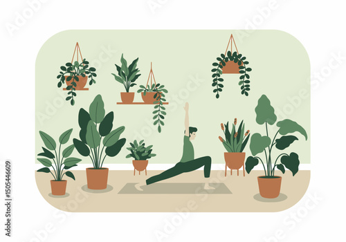 Morning Yoga Practice Among Indoor Plants Serene Exercise