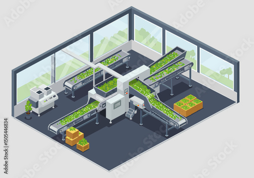 Automated Vertical Farm with Conveyor Belts Cultivating Green Plants