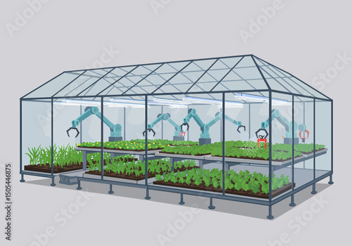 Robotic Arms Cultivating Plants in a Futuristic Greenhouse