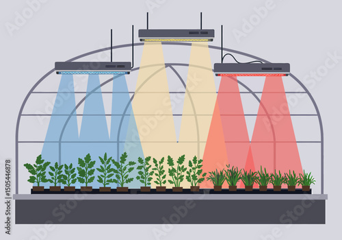 Plants Growing Under Artificial Lights In A Greenhouse