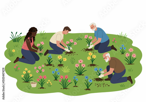 Community Volunteers Planting Flowers in a Lush Garden