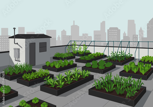 Urban Rooftop Garden with Fresh Vegetables in Cityscape