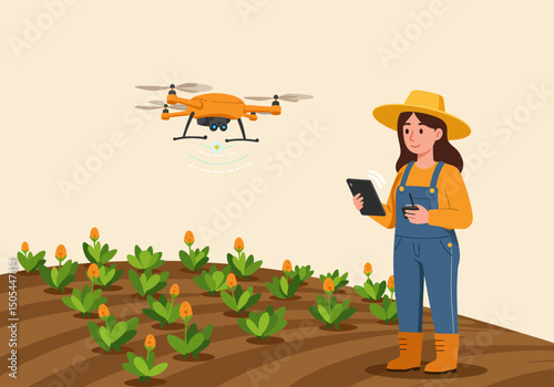 Woman farmer operating a drone over her corn field