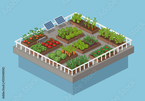 Rooftop Garden with Vegetables and Solar Panels Concept