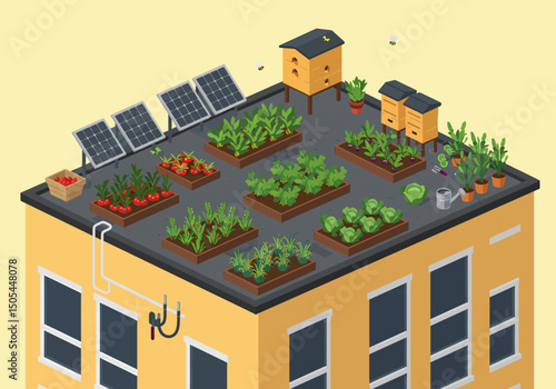 Rooftop Garden with Solar Panels and Beehives Illustration