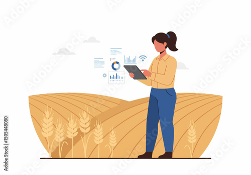 Agricultural Technology Woman Using Tablet in Wheat Field
