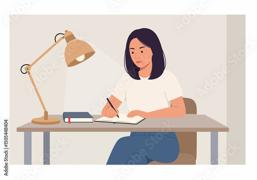 Woman writing in a notebook at her desk