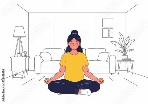Meditating Woman In Living Room For Relaxation And Wellness