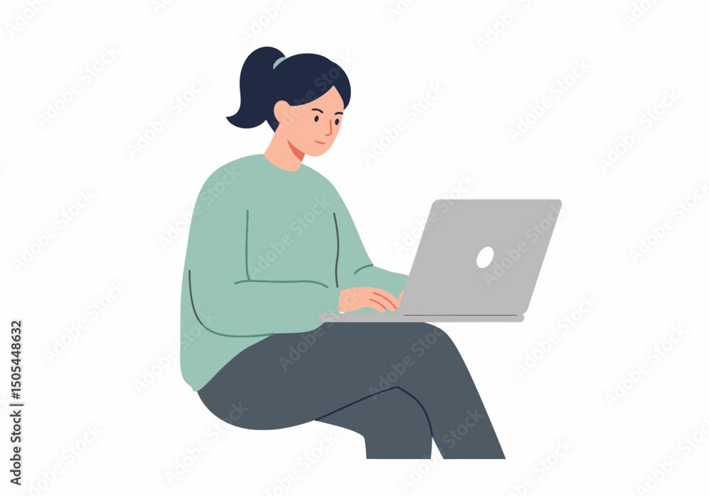Woman Working on Laptop Computer Doing Research Sitting Woman Working on Laptop Computer Doing Research Sitting