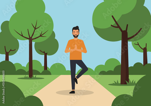 Young Man Practicing Tree Pose Yoga in the Park