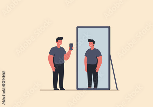 Man Takes Selfie in Mirror Flat Vector Illustration