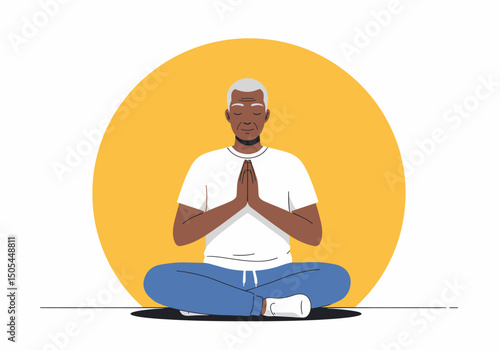 Meditating Senior Man Seated in Lotus Position Calmly