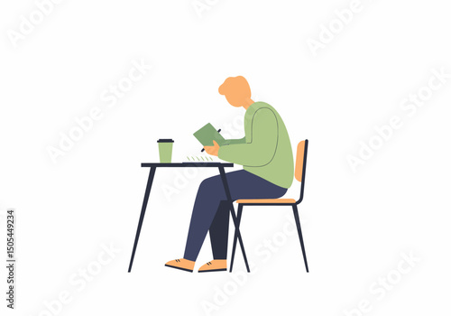 Man Reading Notes at Table Studying Learning Concept