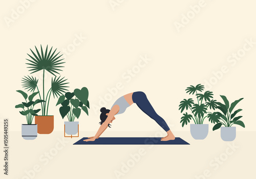 Woman Practicing Yoga Downward-Facing Dog Pose with Indoor Plants