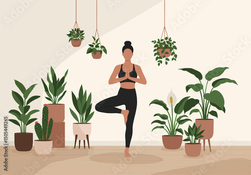 Woman Doing Yoga Pose With Many Potted Plants