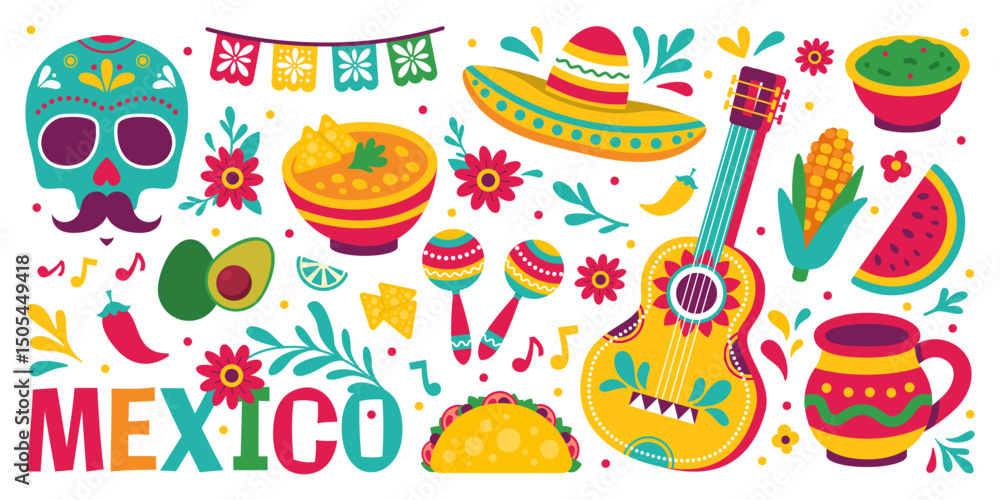 Mexican-themed vector illustration with fiesta elements including sugar skulls, sombrero, guitar, maracas, tacos, and chili. Perfect for Cinco de Mayo or Día de los Muertos Mexican-themed vector illustration with fiesta elements including sugar skulls, sombrero, guitar, maracas, tacos, and chili. Perfect for Cinco de Mayo or Día de los Muertos
