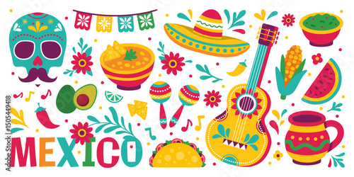 Mexican-themed vector illustration with fiesta elements including sugar skulls, sombrero, guitar, maracas, tacos, and chili. Perfect for Cinco de Mayo or Día de los Muertos