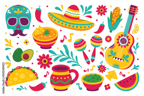 Colorful Mexican culture vector set featuring tacos, chili peppers, guacamole, sombrero, guitar, and festive icons. Great for Cinco de Mayo, Día de los Muertos, or themed parties