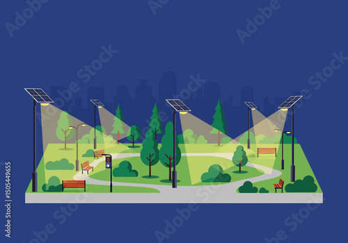 Solar Streetlights Park Night Scene Vector Illustration Graphic