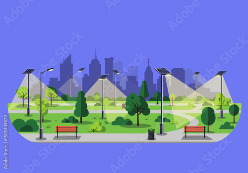 City Park Vector with Solar Lights and Benches