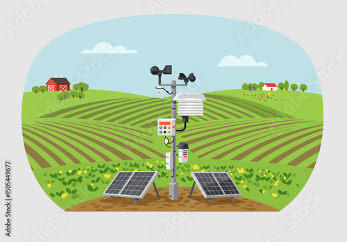 Farm Weather Station with Solar Panels on Agricultural Field