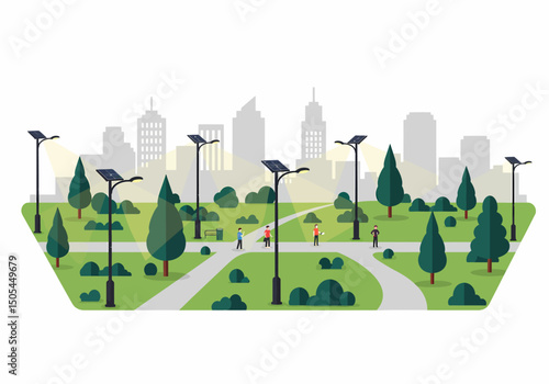City Park Scene with People and Solar Powered Lights