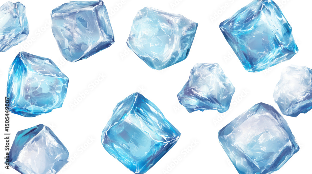 Vibrant Blue Ice Cubes with Crystal Texture and Cool Tones for Refreshment or Abstract Design Concepts, Isolated on White Background
Vibrant Blue Ice Cubes with Crystal Texture and Cool Tones for Refreshment or Abstract Design Concepts, Isolated on White Background