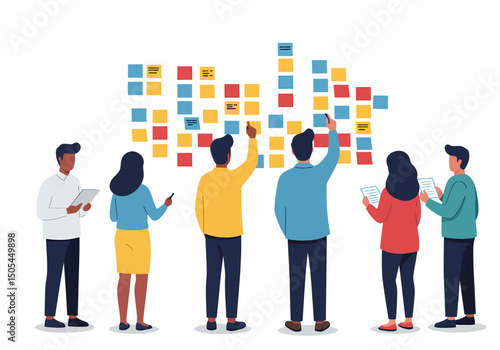 Diverse Team Brainstorming Ideas on Kanban Board for Project Planning