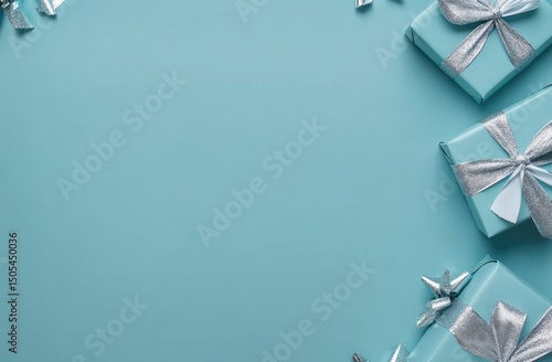 Elegant blue gift boxes with silver ribbons on a bright azure background