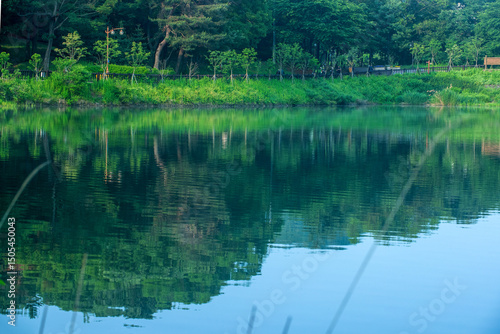 Beautiful colors of Emerald Lake reflection, morning view.