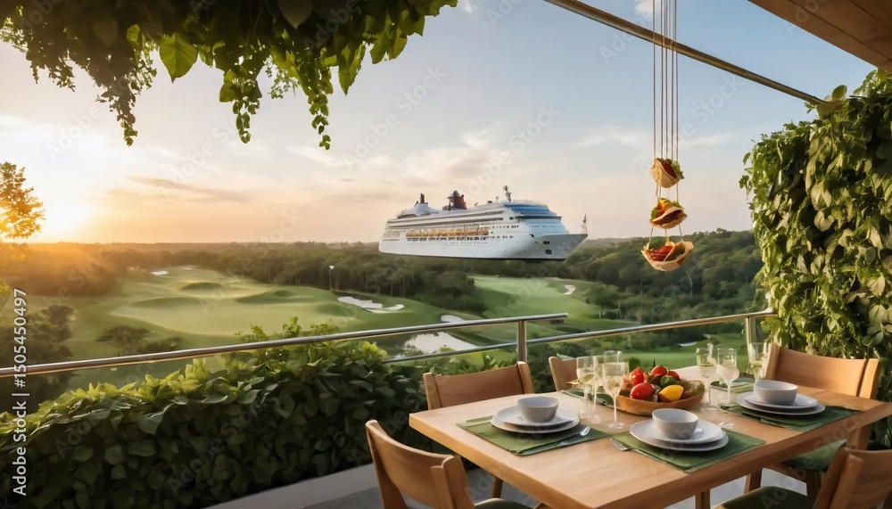 Obraz premium Luxury Sunset Dinner with a Cruise Ship View