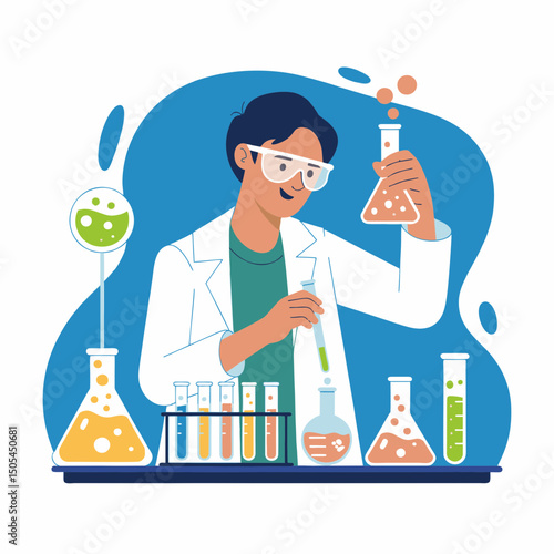 A male scientist in a lab coat conducts experiments with beakers and test tubes, concept for science education, research, and laboratory work