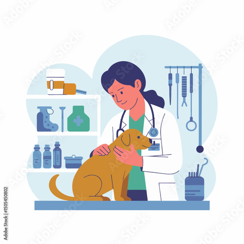Female veterinarian examining a golden retriever in a veterinary clinic, concept for veterinary care, pet health, animal hospital