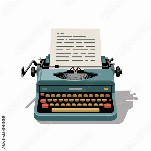 Vintage teal typewriter with a paper displaying typed text, concept for writing, publishing, and retro design
