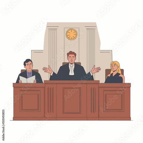 Judge and lawyers in courtroom, wooden desk, classic columns background, concept for legal proceedings, justice system illustration