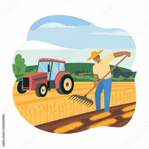 A farmer using a rake in a wheat field with a tractor in the background, concept for agriculture, farming, and harvesting