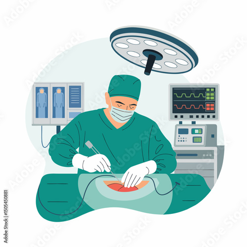 A surgeon performing surgery in an operating room with medical equipment, concept for healthcare, medical illustration, and hospital marketing