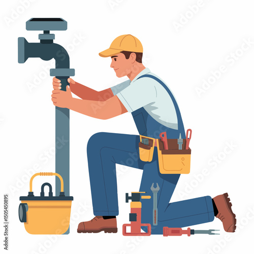A male plumber kneeling and working on a pipe, concept for plumbing repair service, maintenance, and handyman business
