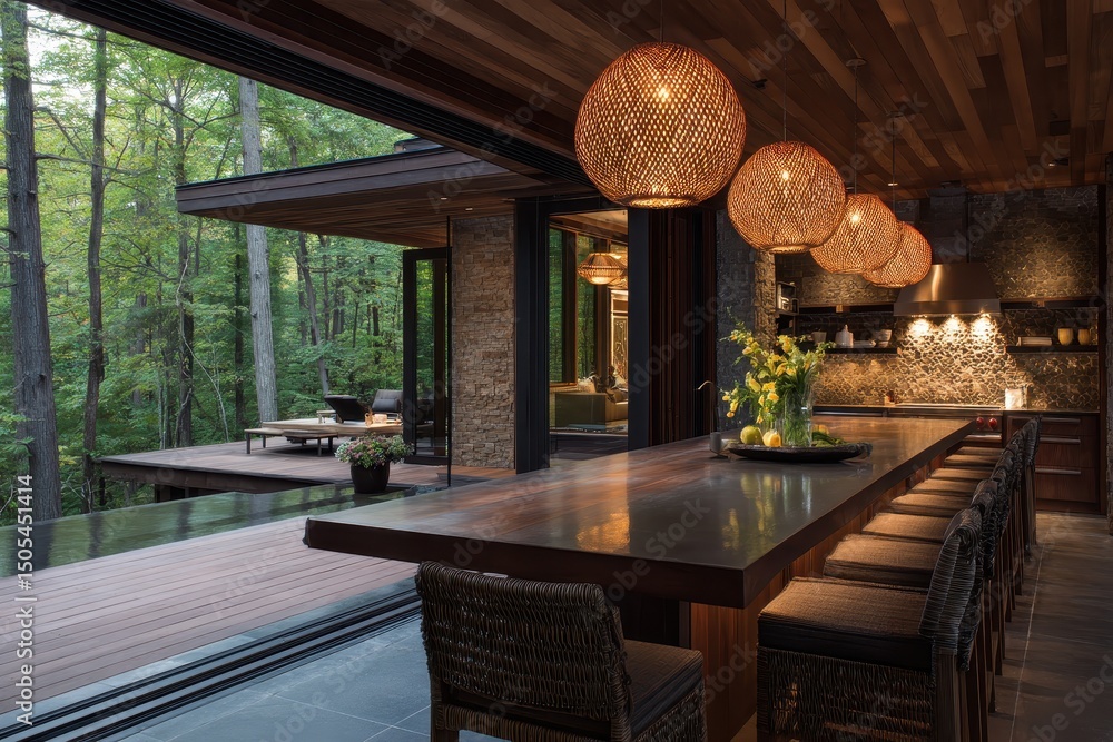 Fototapeta premium A large, open-plan kitchen and dining area with a view of a wooded deck.