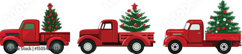 Christmas Truck Vector: Red Pickup with Christmas Trees on White
